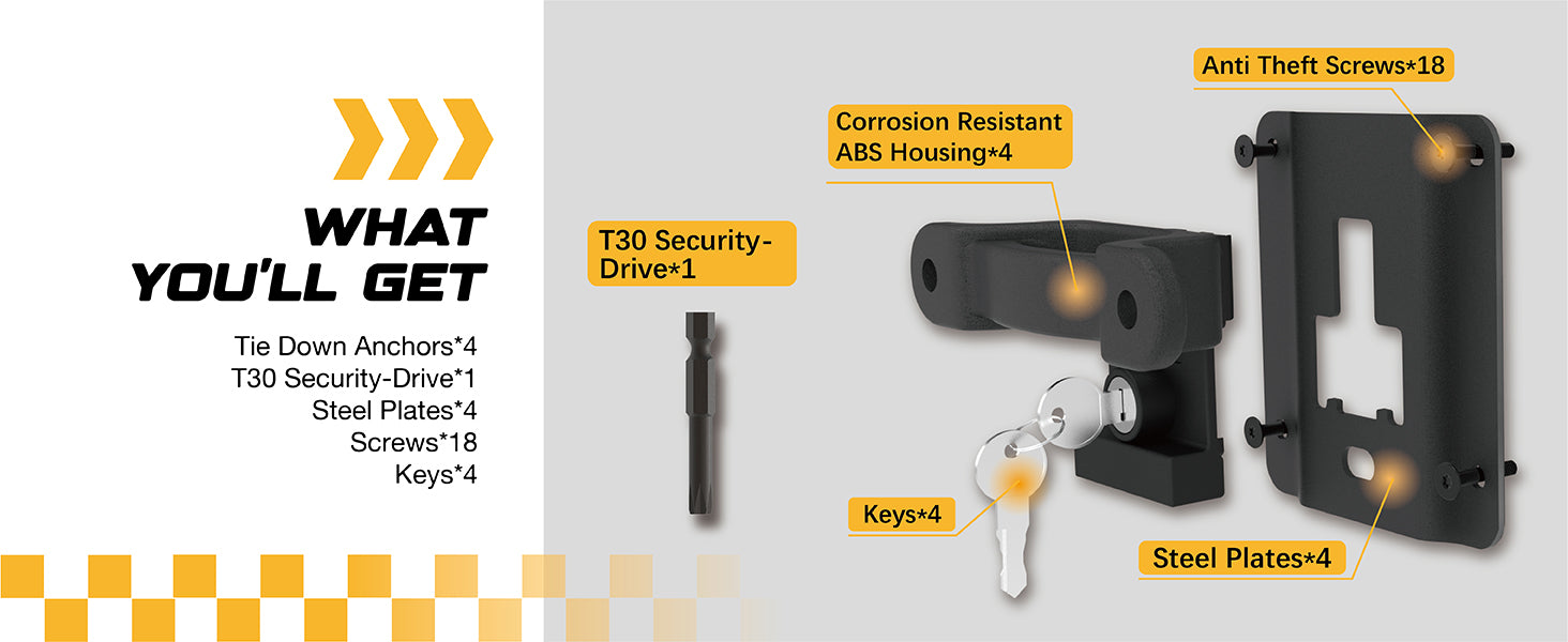 RETRUE Truck Bed Tie Down Anchors suite contains 4 tie down anchors,  1 T30 security-drive, 4 steel plates, 18 screws and 4 keys.
