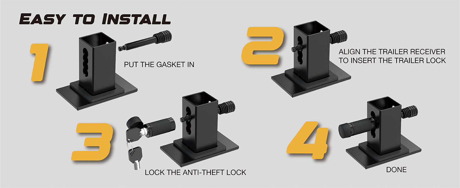 The Heavy Duty American Flag Trailer Hitch Cover is easy to install: Insert the gasket, align the trailer receiver, insert the trailer lock and then lock the anti-theft lock.