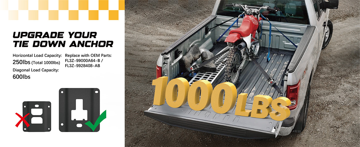 Replaces OEM parts FL3Z-99000A64-B and FL3Z-9928408-AB. Each truck tie downs & anchors can support 250 lbs of horizontal load (4pcs total 1000 lbs) and 600 lbs of diagonal load.