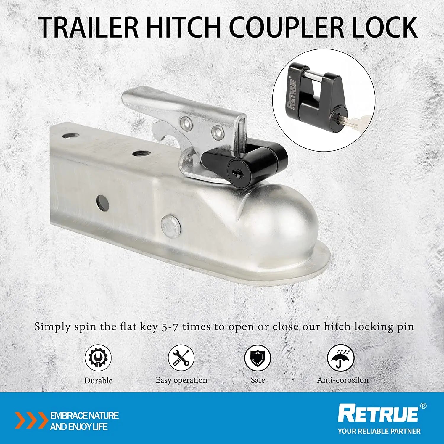 RETRUE Trailer Tongue Coupler Lock, Upgrade Trailer Cyberlock Extra Wide 1.2'' Span, Dia 1/4'', Heavy Duty Trailer Latch Lock For Wide Trailer Coupler, Tow Boat Accessories, RV Truck Car's, Silver
