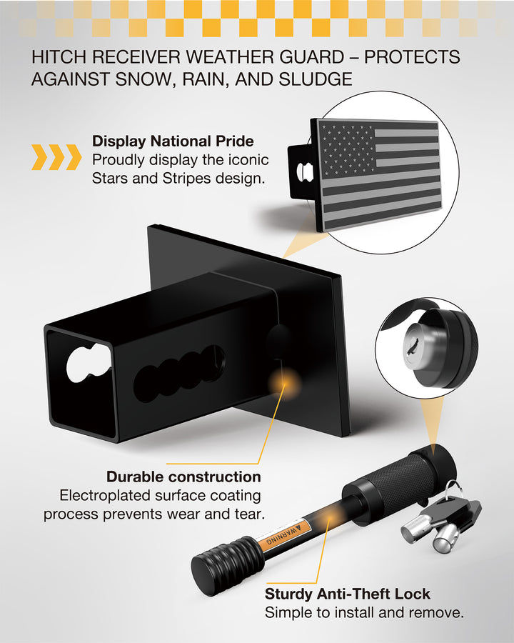 The RETRUE Heavy Duty American Flag Trailer Hitch Cover adopts an electroplated surface coating process to prevent wear and tear, is equipped with a sturdy anti-theft lock, and is easy to install and remove.