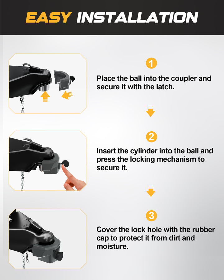 Place the ball into the coupler andsecure it with the latch. Then, insert the cylinder into the ball andpress the locking mechanism tosecure it. Finally, cover the lock hole with the rubbercap to protect it from dirt andmoisture.