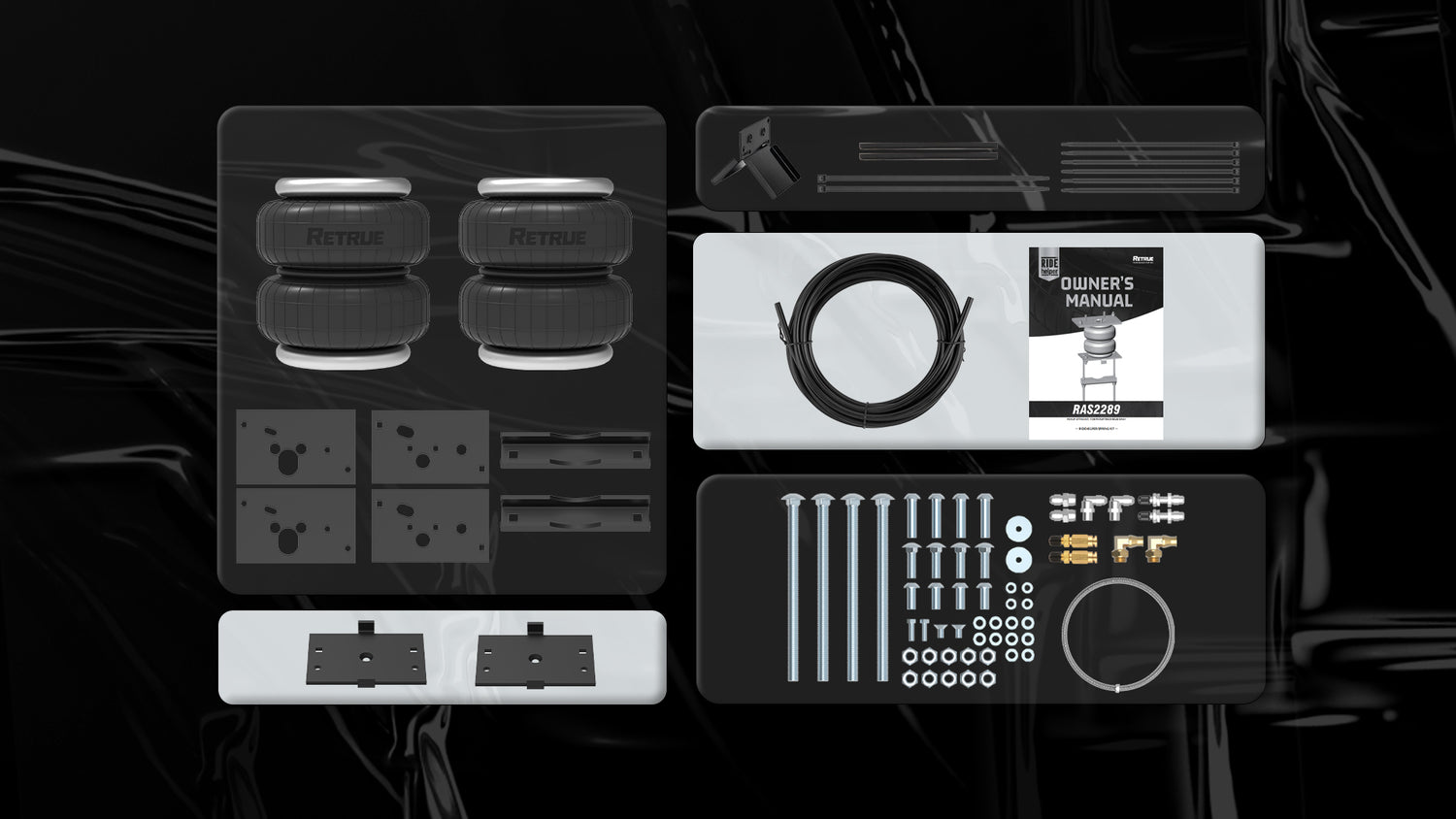 Display of all accessories included in the RAS2289 airbag kit.