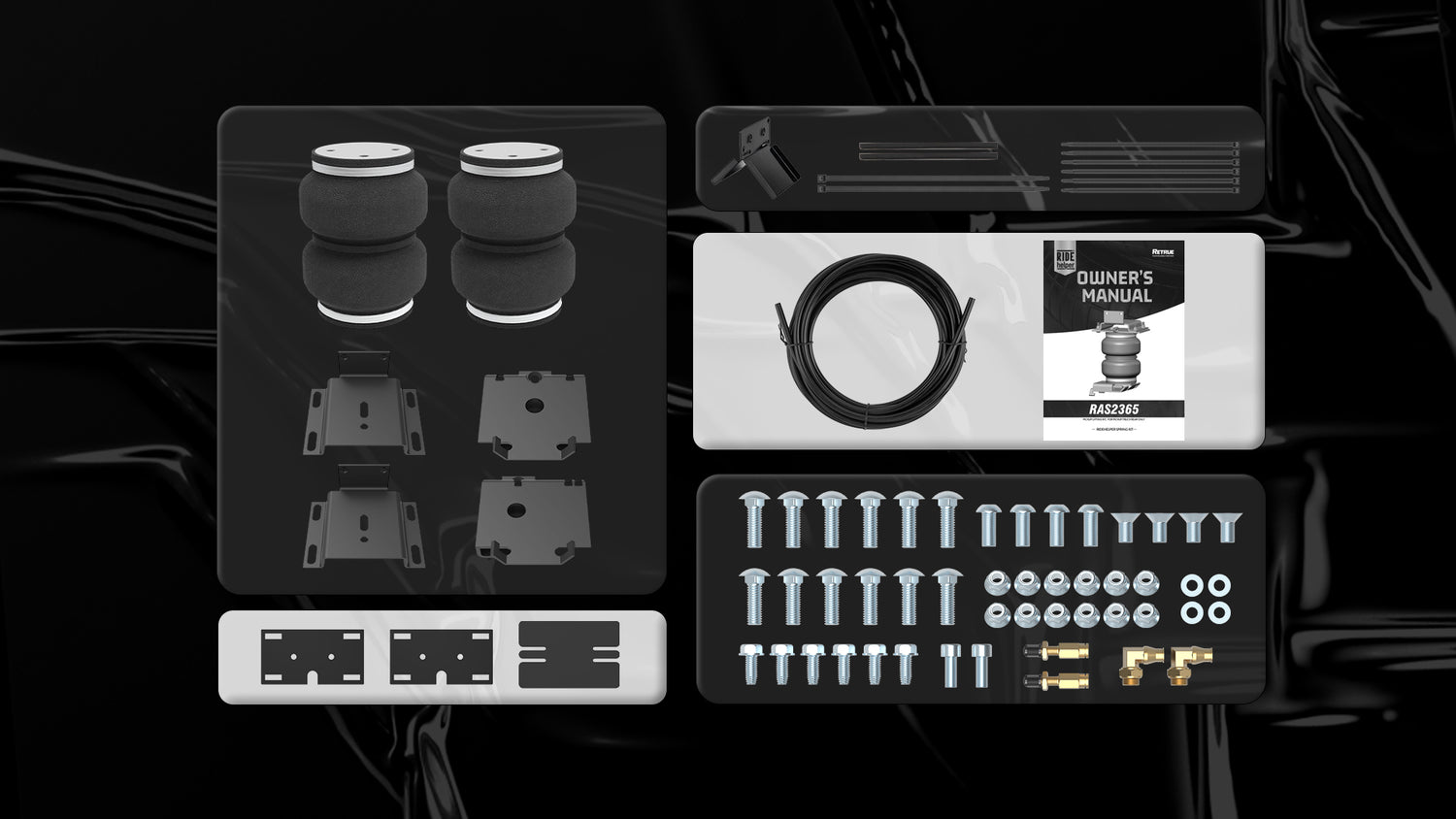 Display of all accessories included in the RAS2365 airbag kit.