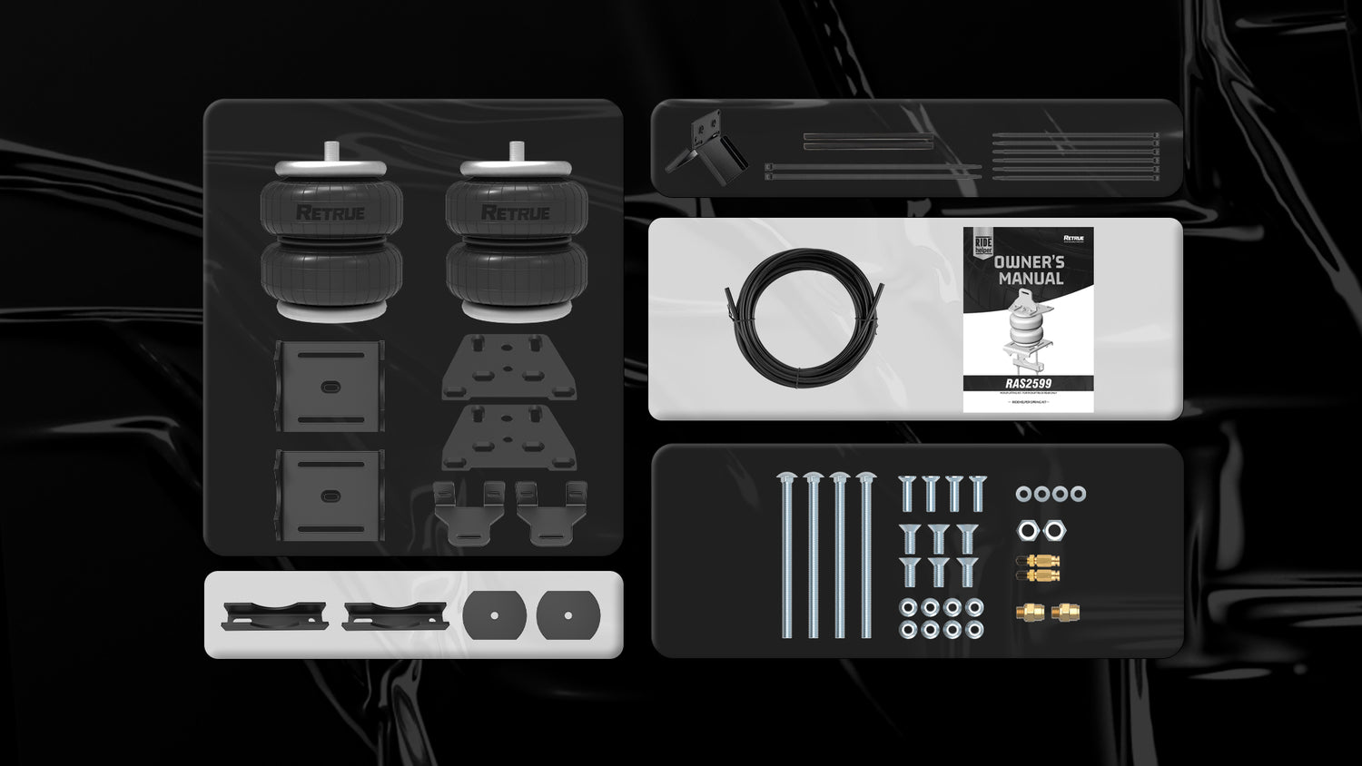 Display of all accessories included in the RAS2599 airbag kit.