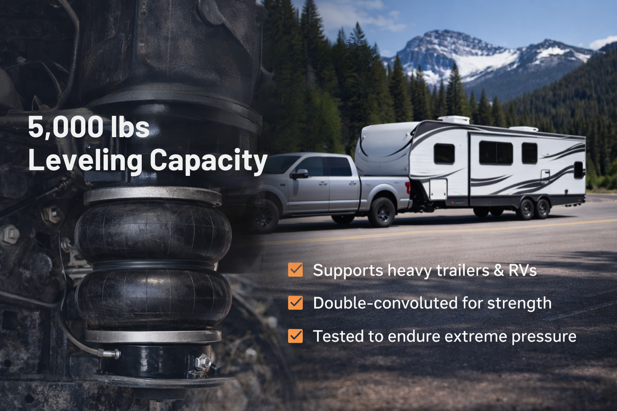 RETRUE 5000 lbs leveling capacity air spring system for heavy trailer towing, RV hauling, rear sag reduction, and stable truck load support