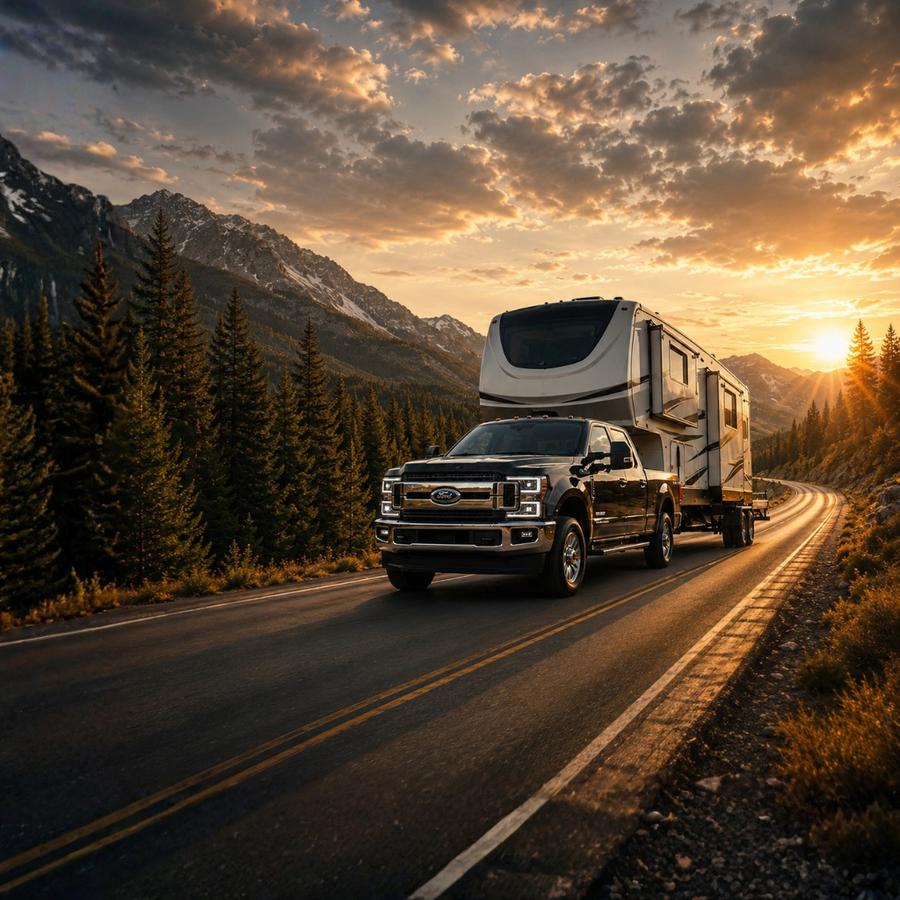 RETRUE Ford truck towing RV trailer on mountain road with air suspension kits, load leveling support, and towing accessories
