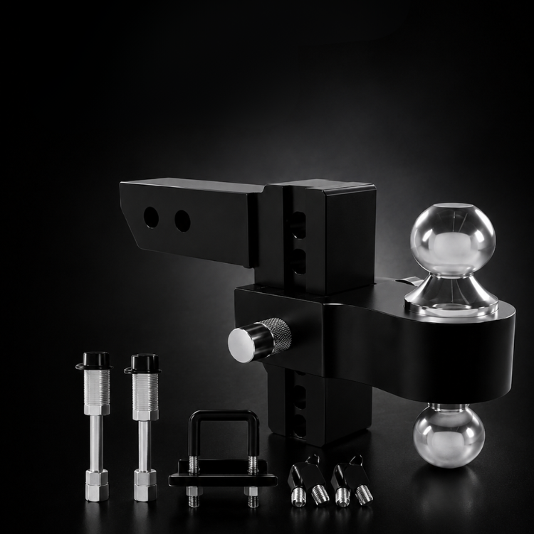 RETRUE adjustable trailer hitch ball mount with dual hitch balls, hitch pins, and anti-rattle components for heavy-duty towing, RV trailers, utility trailers, and truck towing applications