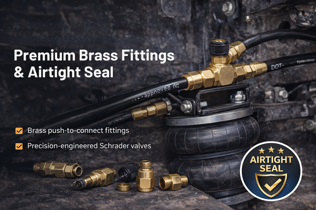 RETRUE premium brass fittings and airtight seal for air bag suspension systems, DOT air lines, air spring inflation, and reliable truck towing performance