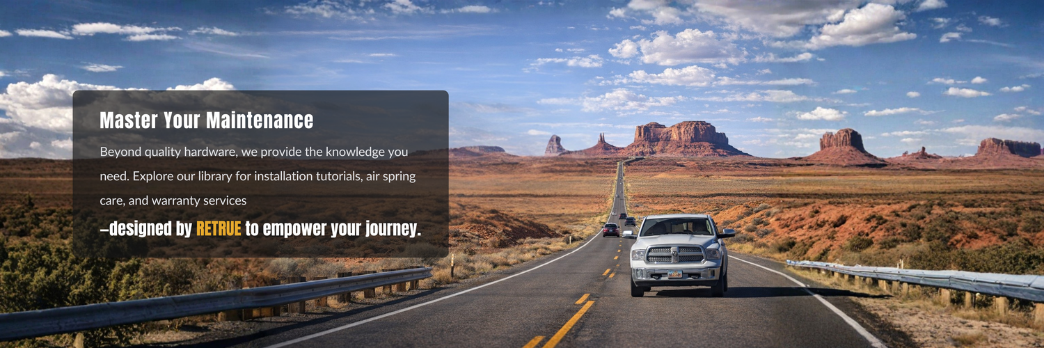 RETRUE help center featuring air suspension installation guides, air bag maintenance tutorials, towing support resources, truck suspension troubleshooting, warranty assistance, and product care information