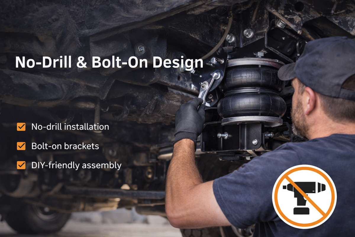 RETRUE no-drill bolt-on air suspension kit installation for truck rear suspension, DIY assembly, load leveling, and towing upgrade support