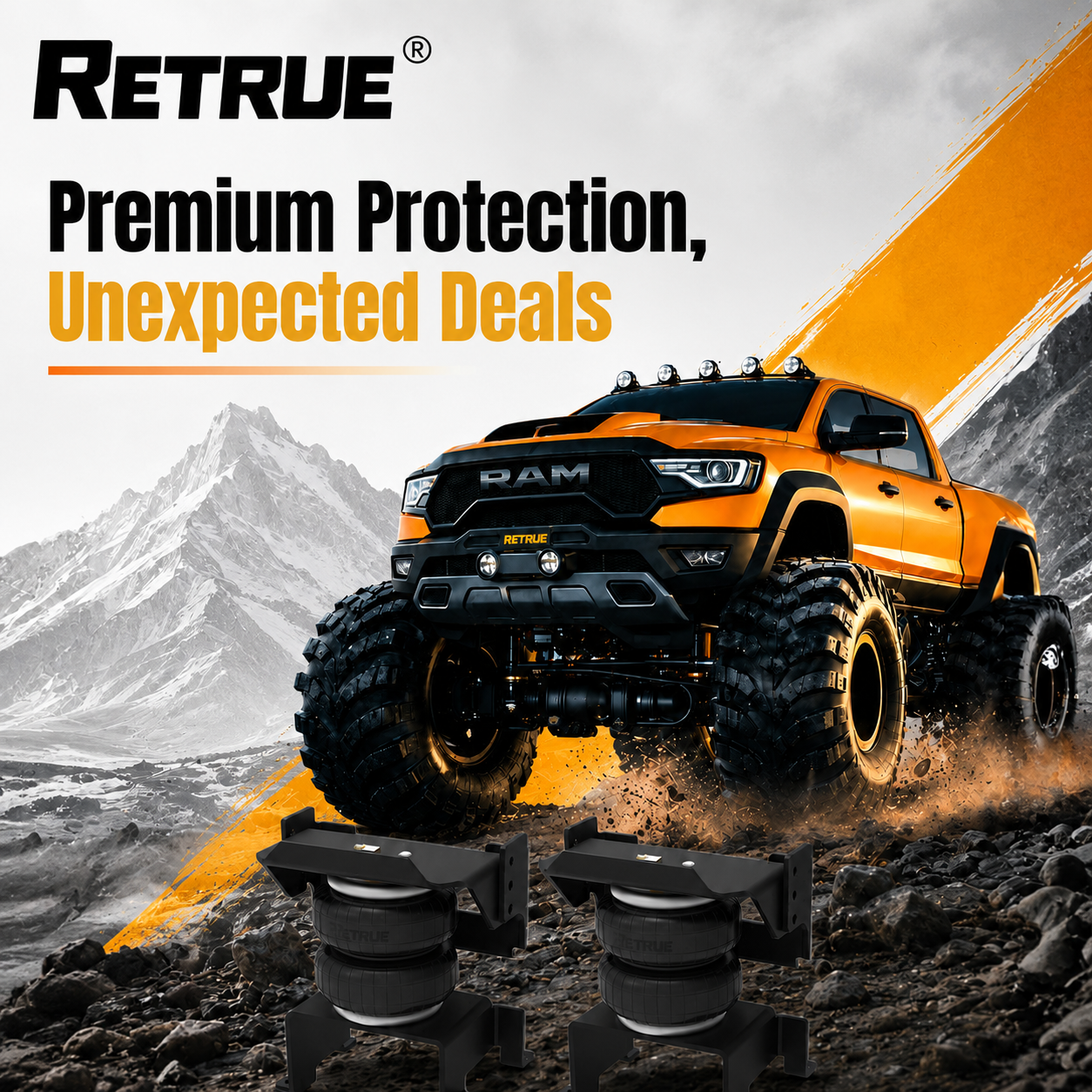 RETRUE promotional air suspension kit deal for RAM trucks, air bag suspension upgrade, load leveling system, rear sag reduction, off-road performance, and heavy-duty towing support