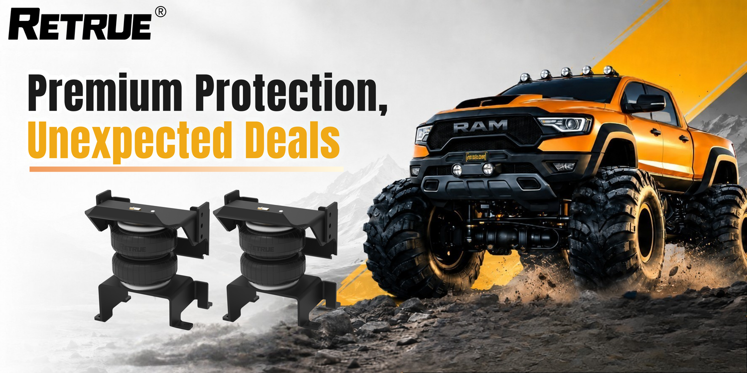 RETRUE promotional air suspension kit deal for RAM trucks, air bag suspension upgrade, load leveling system, rear sag reduction, off-road performance, and heavy-duty towing support