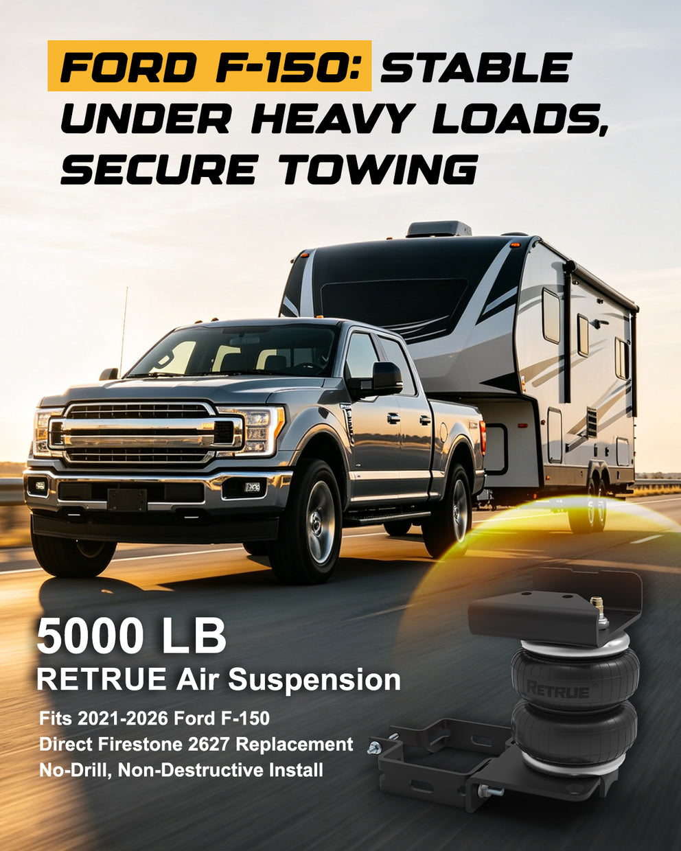 RETRUE Ford F-150 air suspension kit for 2021-2026 trucks, 5000 lb load support, stable towing, and no-drill installation