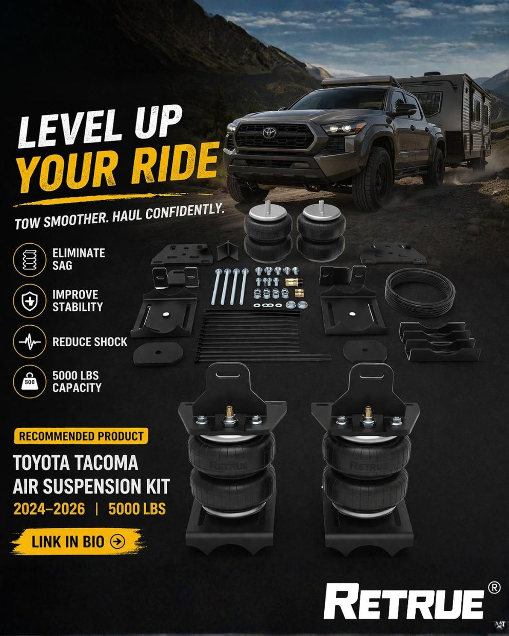 RETRUE Toyota Tacoma air suspension kit for 2024-2026 trucks, 5000 lbs load leveling, towing stability, and rear sag reduction