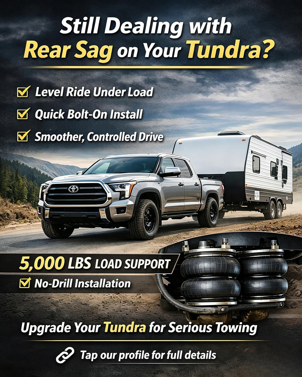 RETRUE Toyota Tundra air bag suspension kit for rear sag reduction, 5000 lbs load support, no-drill installation, and stable towing