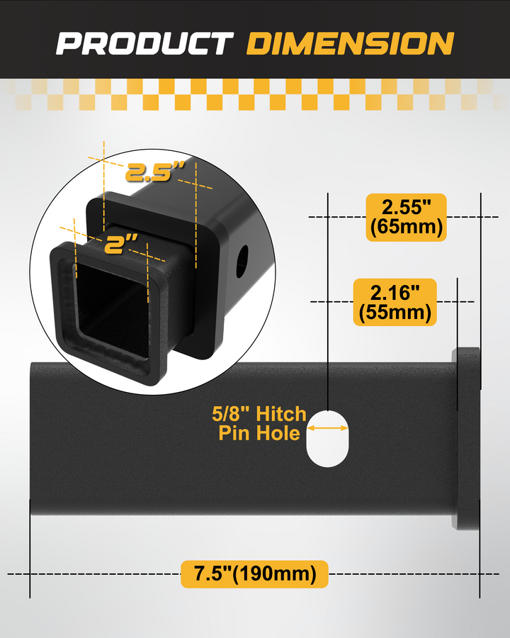 RETRUE 2.5" to 2" hitch receiver reducer adapter with product dimensions, fits Ford F250 F350 F450 F550, easy install and perfect alignment
