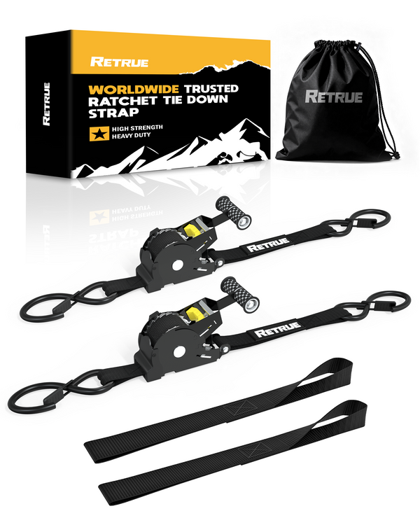 Heavy Duty Self-Retracting Ratchet Straps 10ft • 1500lb Break Strength • Retractable Tie-Downs for Trailers, Motorcycles, ATVs