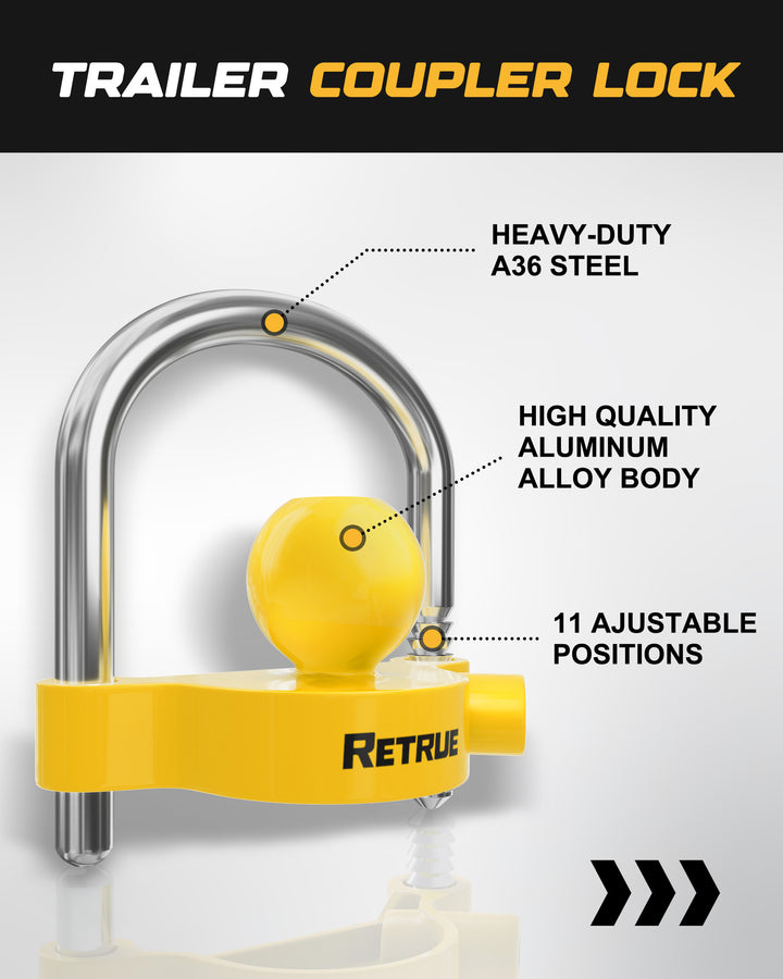 Display of RETRUE Coupler Ball Lock lock details:Heavy-Duty A36 Steel; High Quality Aluminum Alloy Body; 11 Ajustable Positions.