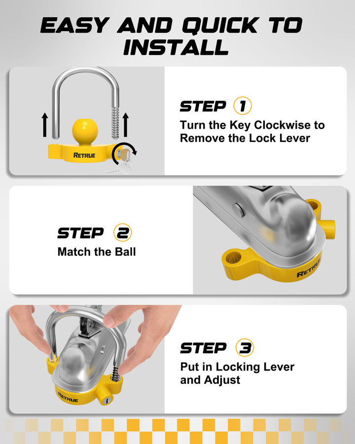 The simple and quick installation process of RETRUE Coupler Ball Lock: Rotate the key clockwise to remove the lock rod, then match the ball and fasten the lock rod.