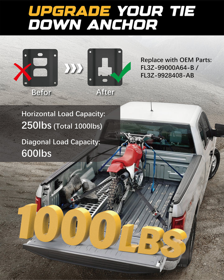 Replaces OEM parts FL3Z-99000A64-B and FL3Z-9928408-AB. Each truck tie downs & anchors can support 250 lbs of horizontal load (4pcs total 1000 lbs) and 600 lbs of diagonal load. 
