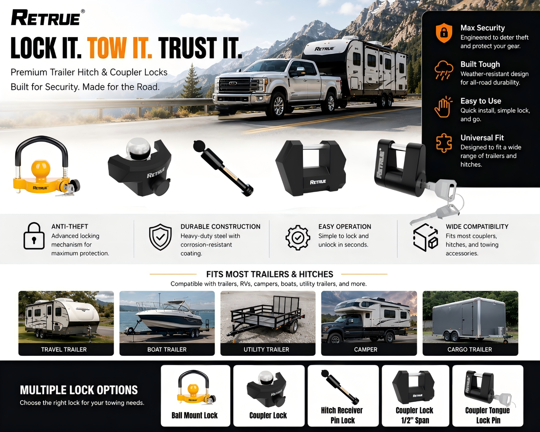 RETRUE trailer hitch and coupler locks for towing security, including ball mount lock, hitch pin lock and trailer coupler locks.
