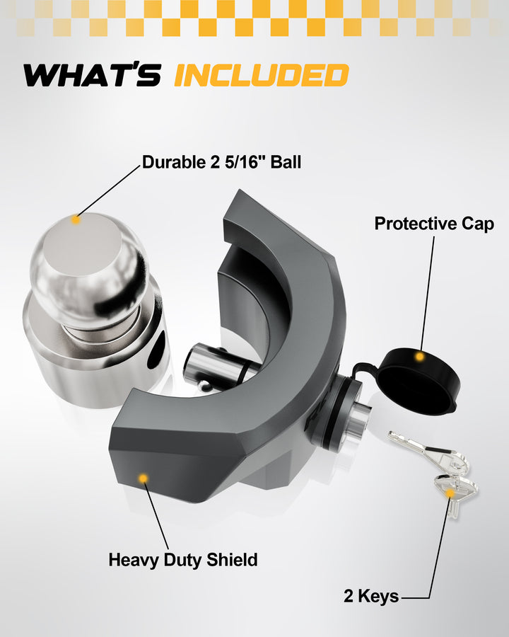RETRUE 2-5/16 trailer coupler lock package includes heavy duty shield, durable ball, protective cap, and 2 keys for trailer hitch security.
